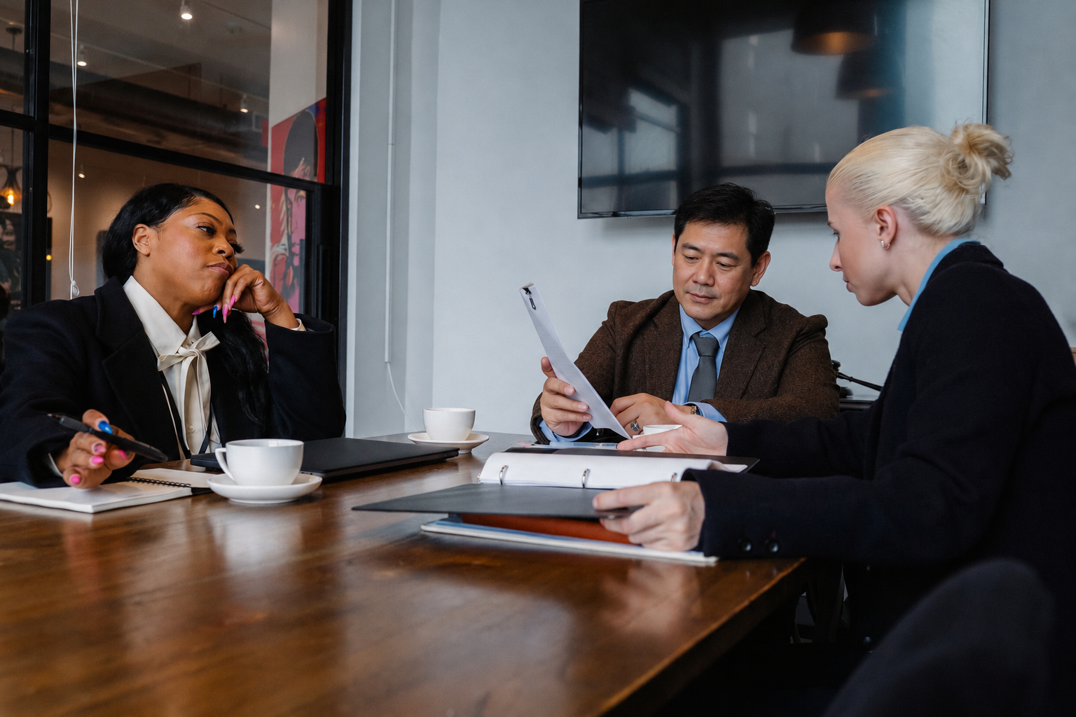 Three professionals discussing a document around a table