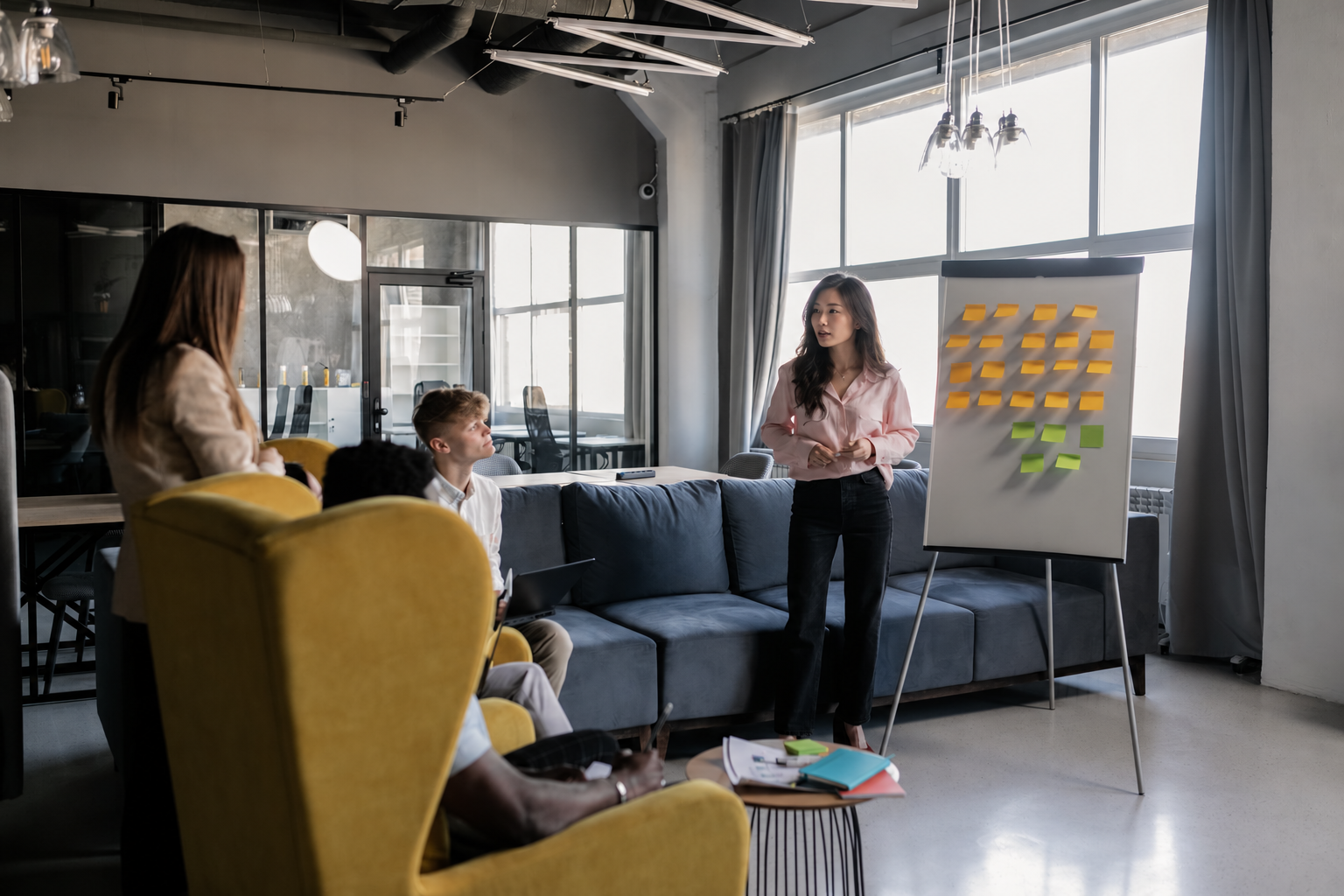 A colleague presenting beside a work board during a group discussion